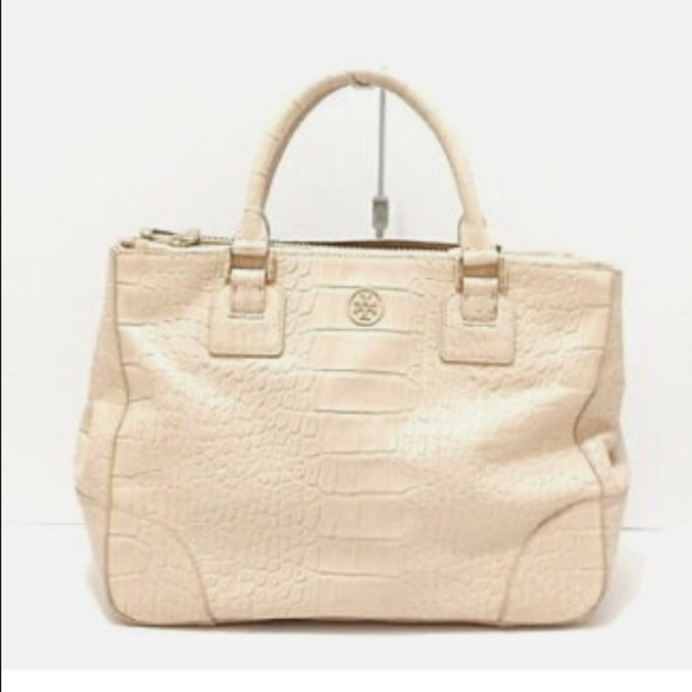 Tory Burch East-to-West Cream Crocodile Embossed Leather Tote